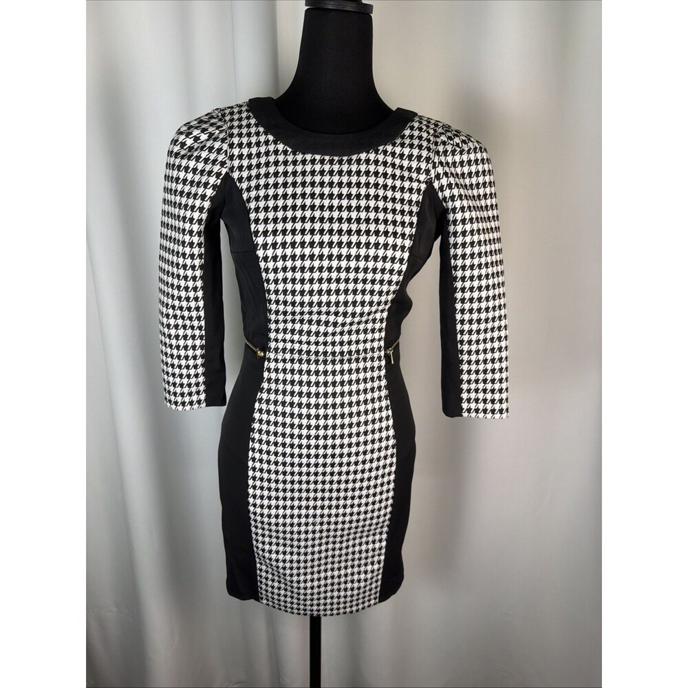 H&M Houndstooth Dress 2 Black White 3/4 Sleeve Pockets NWT Fit Flare Knee Length